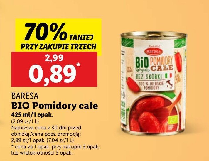 Pomidory całe bio Baresa promocja w Lidl