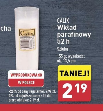 Wkład parafinowy do znicza 52 h Calix promocja w Aldi