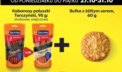 Kabanosy paluszki Tarczyński 95 g drobiowe/wieprzowe + Bułka z żółtym serem 60 g - zestaw promocja w Biedronka