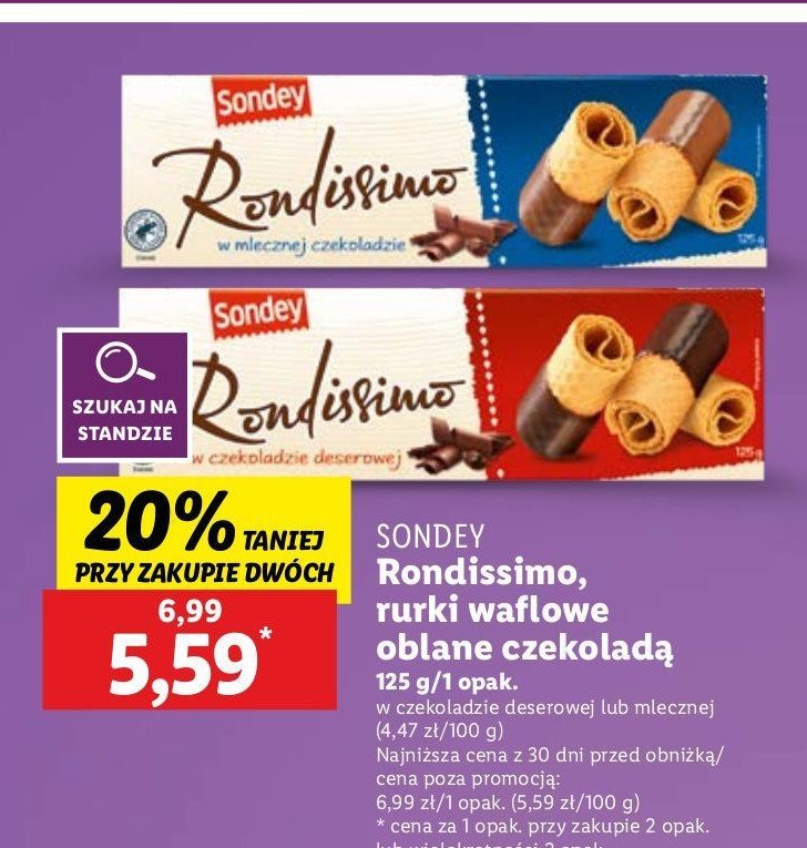 Rurki waflowe w czekoladzie mlecznej Sondey promocja