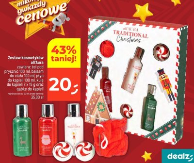 Zestaw kosmetyków all'Aura - żel pod prysznic 100 ml, balsam do ciała 100 ml, płyn do kąpieli 100 ml, kulę do kąpieli 2 x 15 g oraz gąbkę do kąpieli promocja w Dealz