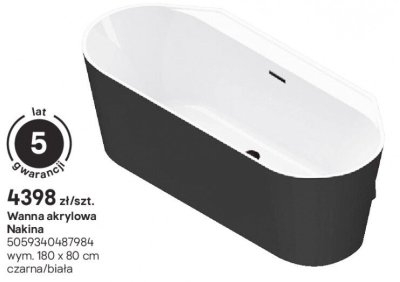 Wanna akrylowa Nakina czarna/biała 180x80 cm promocja w Castorama