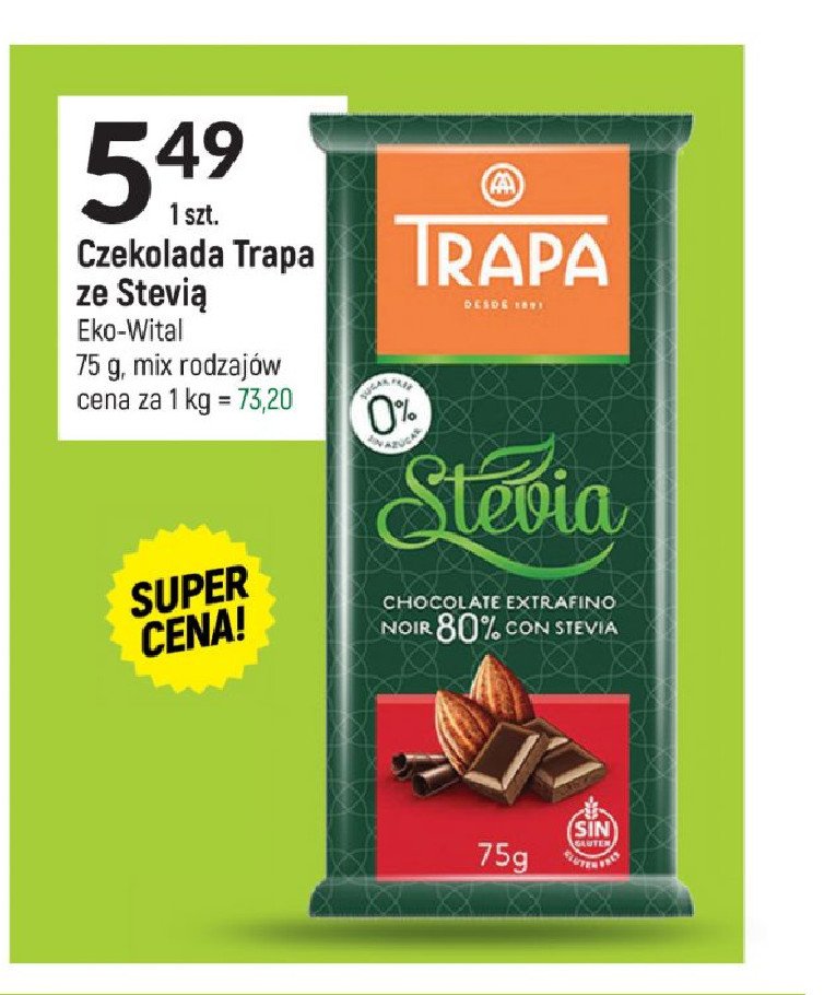 Czekolada gorzka 80% ze stevią Trapa promocja