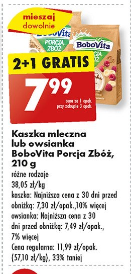 Kaszka mleczna 3 zboża malina-truskawka-banan Bobovita porcja zbóż promocja w Biedronka