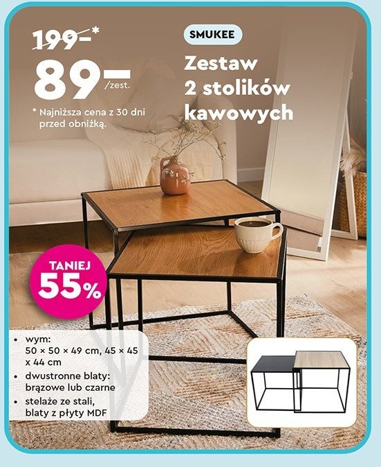 Stoliki kawowe 45 x 45 x 44 cm + 50 x 50 x 49 cm Smukee promocja w Biedronka