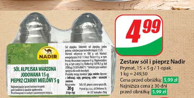 Zestaw s贸l alpejska warzona jodowana 15g + pieprz czarny mielony 5g ASTA/NADIR promocja