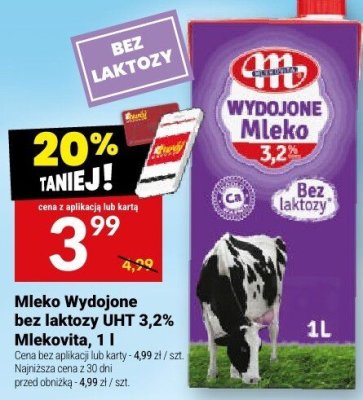 Mleko Wydojone bez laktozy UHT 3,2% Mlekovita, 1 l promocja w Twój Market