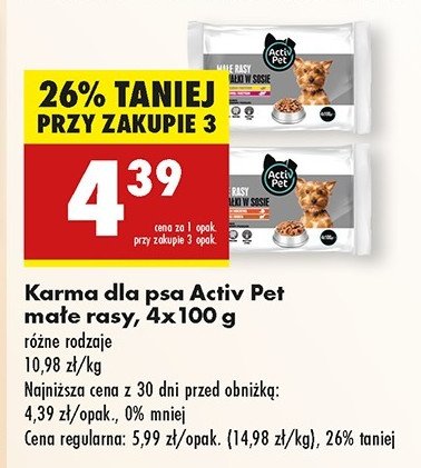 Karma dla psa kawałki w sosie małe rasy 2x z indykiem z marchewką + 2x z jagnięciną i drobiem Activ pet promocja