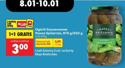 Ogórki konserwowe 1+1 GRATIS promocja w Biedronka