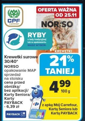 Krewetki surowe 30/40 NORSO opakowanie MAP sprzedaż hurtowa promocja w Carrefour