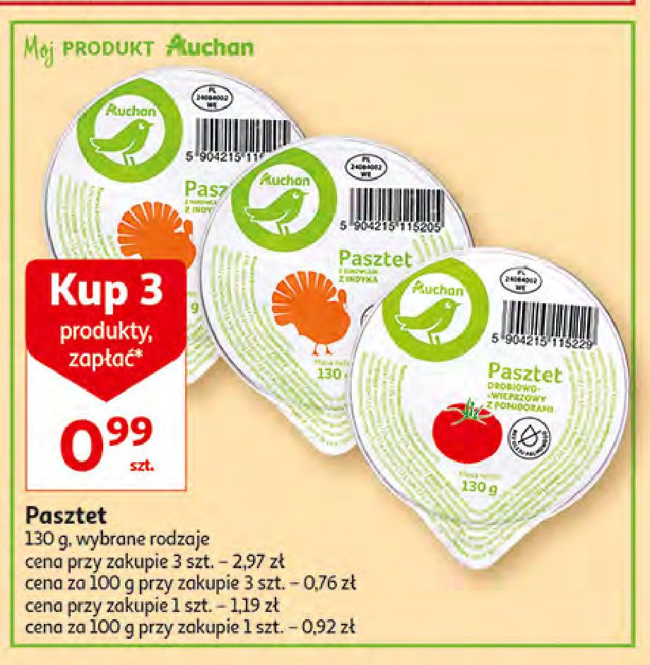 Pasztet drobiowo-wieprzowy z pomidorami Auchan na co dzień (logo zielone) promocje