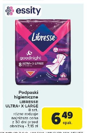 Podpaski higieniczne goodnight extra Libresse ultra thin promocja w Carrefour Market