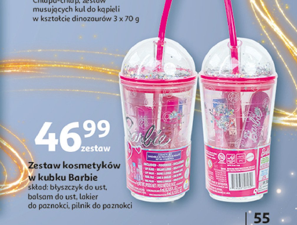 Zestaw kosmetyków w kubku barbie: błyszczyk do ust + balsam do ust + lakier do paznokci + pilnik promocja