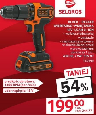 Wiertarko-wkrętarka BLACK + DECKER 18V 1,5 AH LI-ION promocja w Selgros