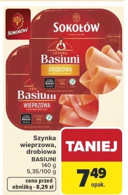 Szynka wieprzowa Basiuni Sokołów 140g promocja w Carrefour