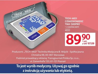 Ciśnieniomierz TMA-500PRO z zasilaczem TECH-MED promocja w Selgros