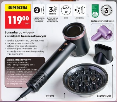 Suszarka do włosów z silnikiem bezszczotkowym Hoffen promocja w Biedronka