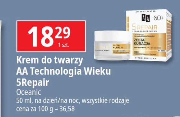 Dzienny krem przeciwzmarszczkowy 60+ złota kuracja Aa technologia wieku 5repair promocja w Leclerc