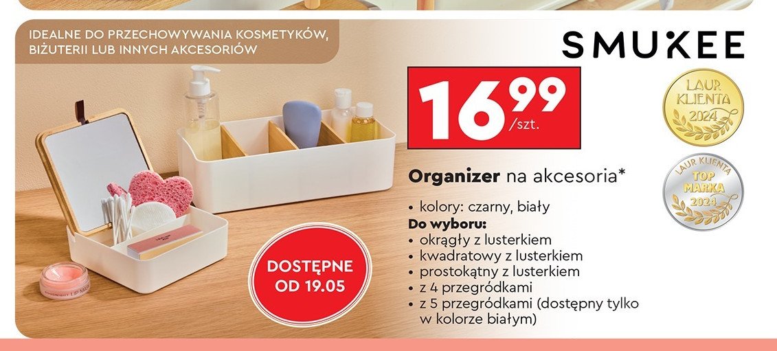 Organizer kwadratowy z lusterkiem Smukee promocja w Biedronka