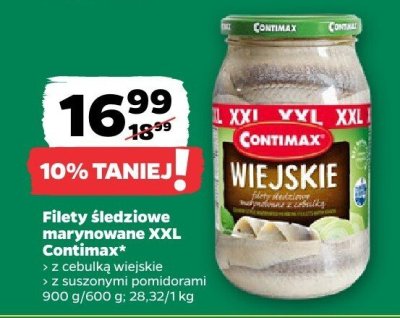 Filety śledziowe marynowane XXL Contimax (z cebulką wiejską, z suszonymi pomidorami) promocja w Netto
