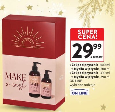 Zestaw kosmetyczny ON LINE Make a wish żel pod prysznic 400 ml + mydło w płynie 200 ml + żel pod prysznic 390 ml + mydło w płynie 390 ml promocja w Intermarche