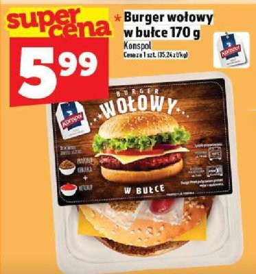 Burger wołowy w bułce 170 g Konspol promocja w TOPAZ
