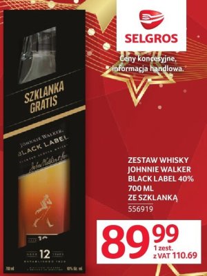 Whisky Johnnie Walker Black Label 40% 700 ml ze szklanką promocja w Selgros