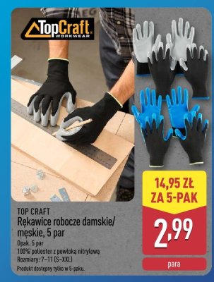 Rękawice robocze damskie/męskie TOP CRAFT, 5 par promocja w Aldi