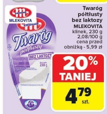 Twaróg półtłusty bez laktozy MLEKOVITA 230g promocja w Carrefour Market