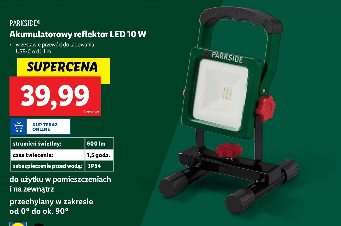 Reflektor akumulatorowy led 10w Parkside promocja