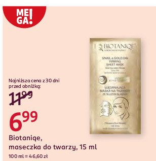 Maska na tkaninie ujędrniająca ze śluzem ślimaka Biotaniqe snail & 24 gold firming sheet mask promocja w Rossmann