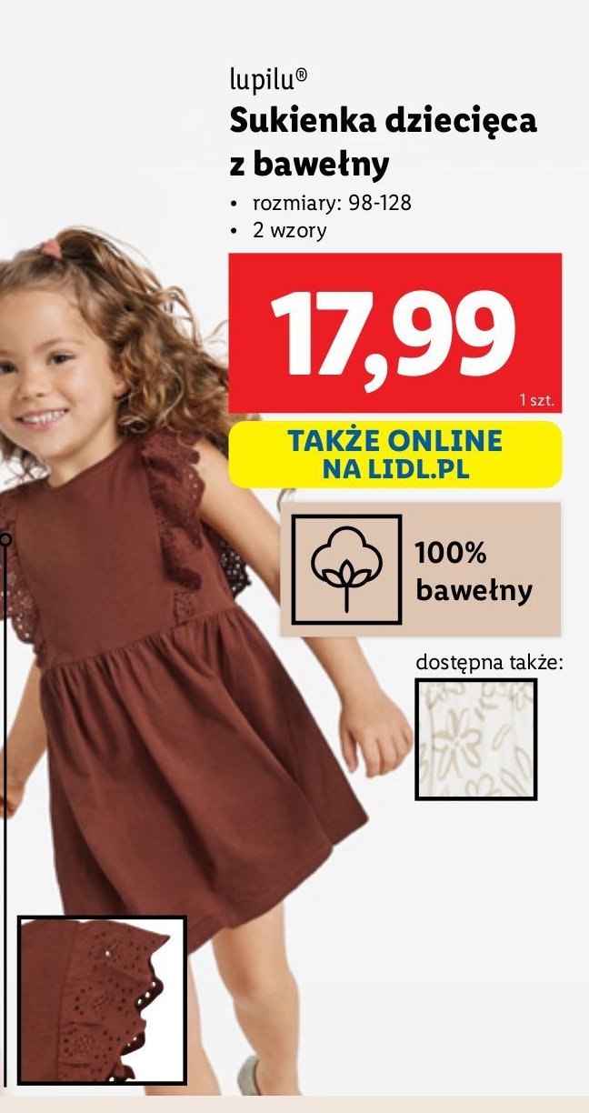 Sukienka dziewczęca 98-128 z bawełny Lupilu promocja w Lidl