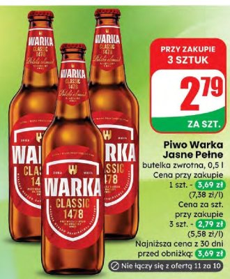Piwo Warka Jasne Pełne butelka zwrotna promocja w Dino