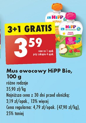 Mus owocowy jabłka-banany-maliny ze zbożami Hipp hippis promocja