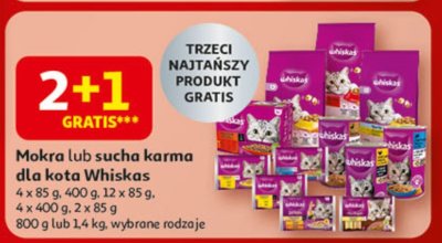 Mokra lub sucha karma dla kota Whiskas, szt. 400 g, 12 x 85 g, 4 x 400 g, 2 x 85 g, 800 g lub 1,4 kg, wybrane rodzaje promocja w Auchan