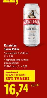 Piwo Kasztelan Jasne Pełne 6-pak promocja w Lidl