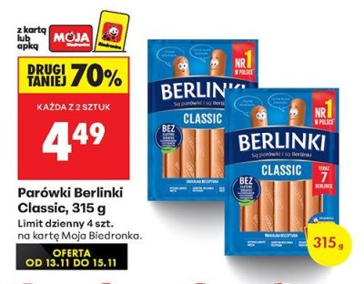 Parówki Berlinki Classic 315 g promocja w Biedronka