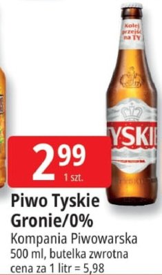 Piwo Tyskie Gronie/0% Kompania Piwowarska 500 ml butelka zwrotna promocja w Leclerc