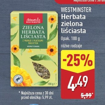 Herbata zielona mango z płatkami nagietka Westminster promocja w Aldi