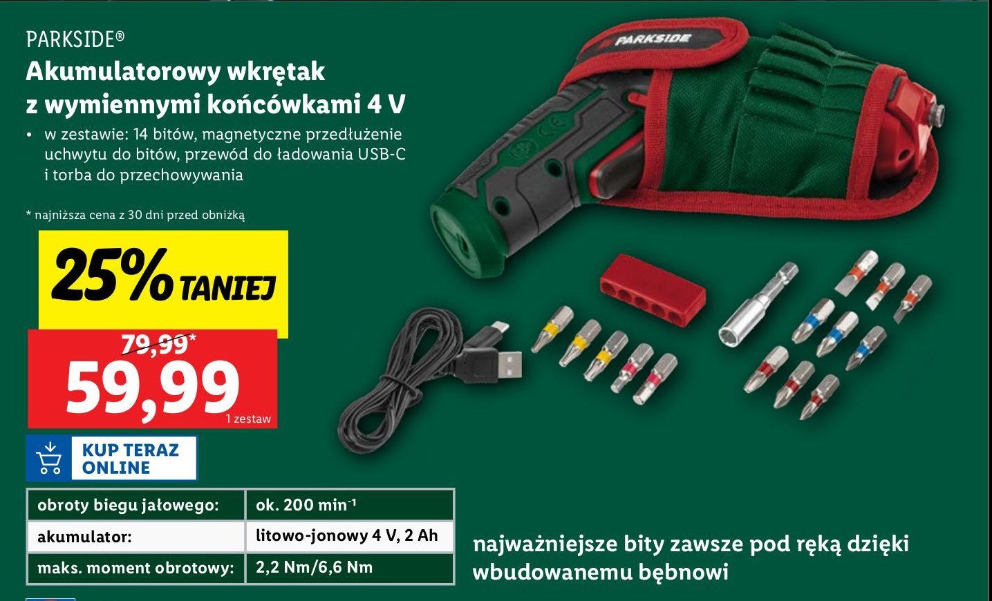 Wkrętarka akumulatorowa 4v Parkside promocja w Lidl