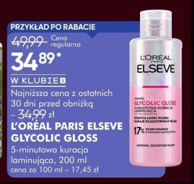 Kuracja L'ORÉAL PARIS ELSEVE GLYCOLIC GLOSS laminująca kuracja 200 ml promocja w Super-Pharm