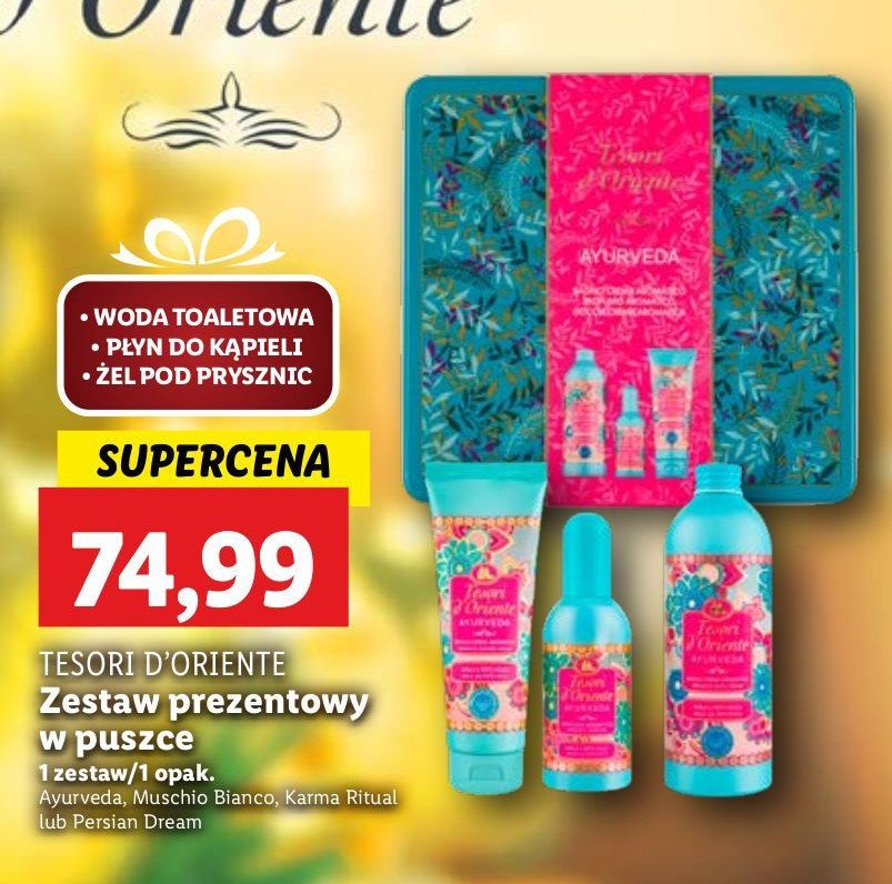 Zestaw w puszczce muschio bianco: woda toaletowa + płyn do kąpieli + żel pod prysznic Tesori d'oriente promocja w Lidl