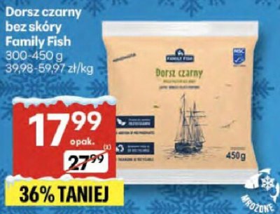 Dorsz czarny bez skóry Family Fish promocja w Delikatesy Centrum