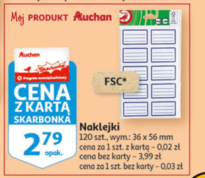 Naklejki na zeszyt 36 x 56 mm Auchan różnorodne (logo czerwone) promocja