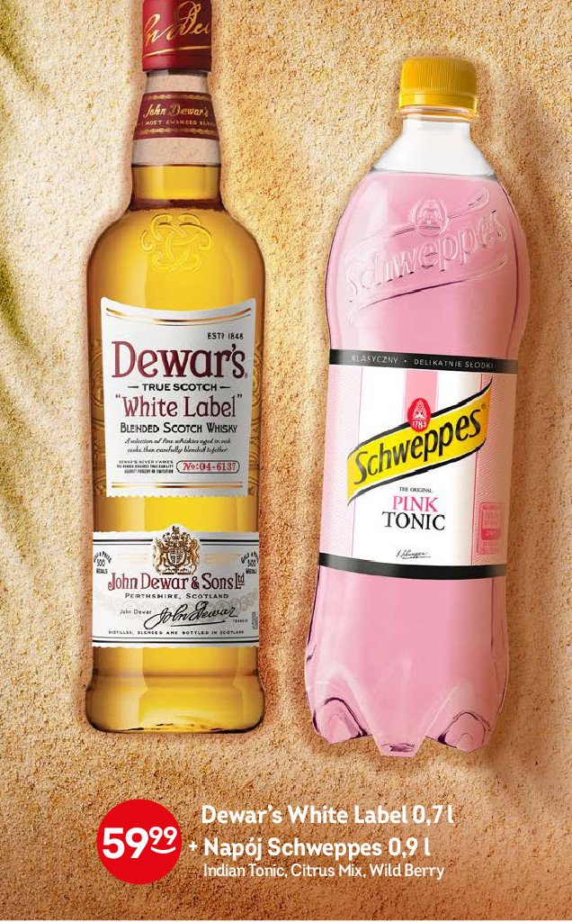 Whisky + schweppes pink tonik Dewar's white label promocja