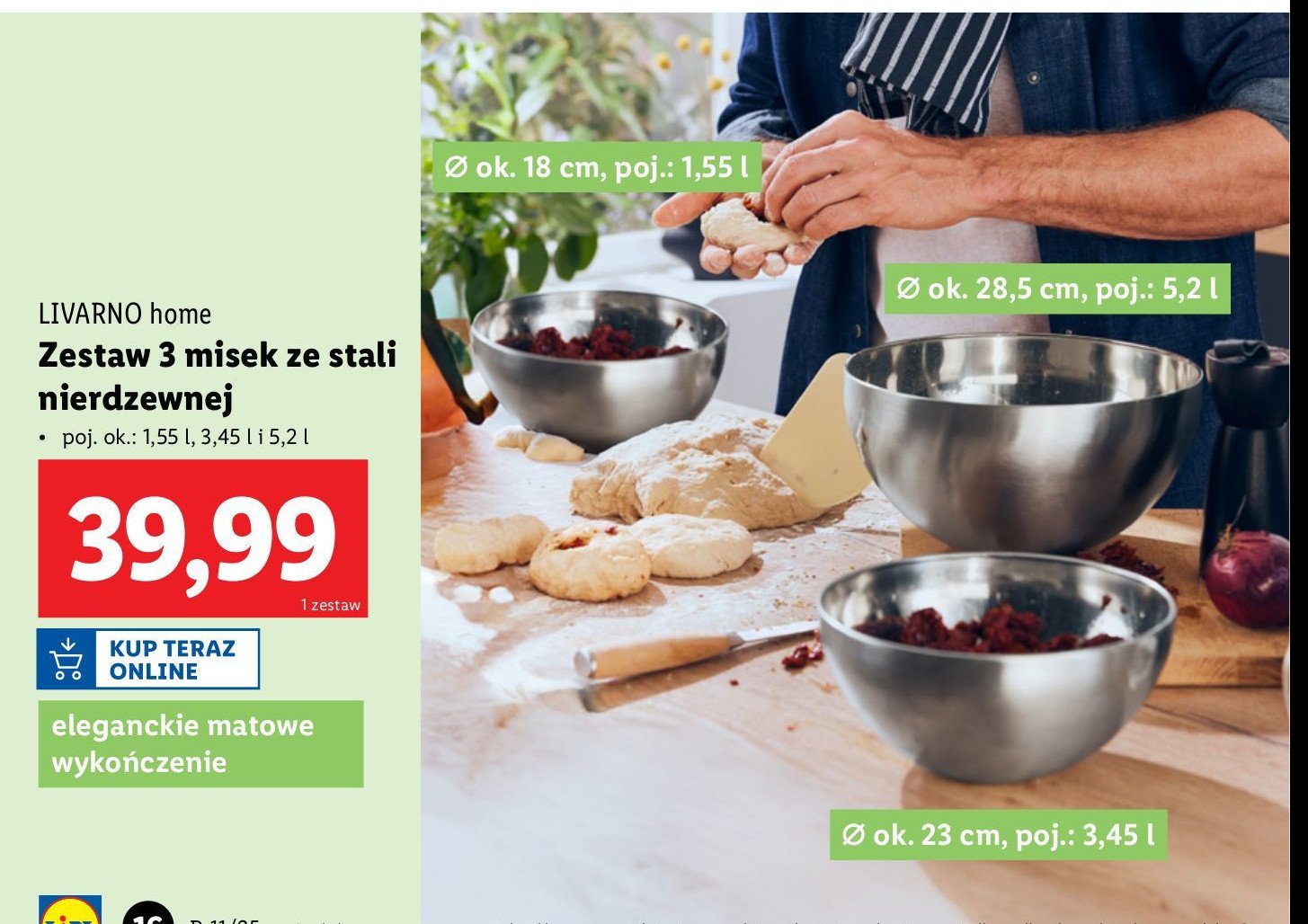 Zestaw misek ze stali nierdzewnej 1.55 l + 3.45 l + 5.2 l LIVARNO HOME promocja