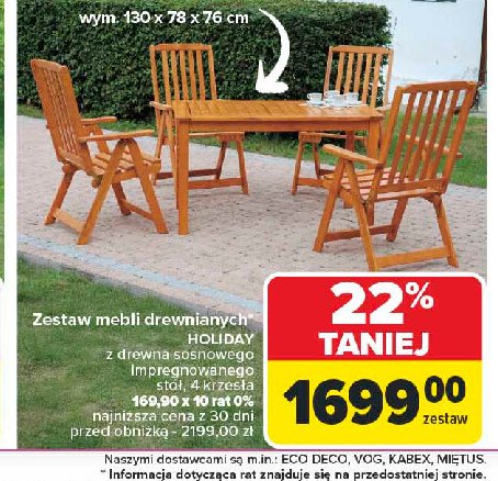 Zestaw mebli ogrodowych holiday z drewna sosnowego: stół + 4 fotele promocja w Carrefour