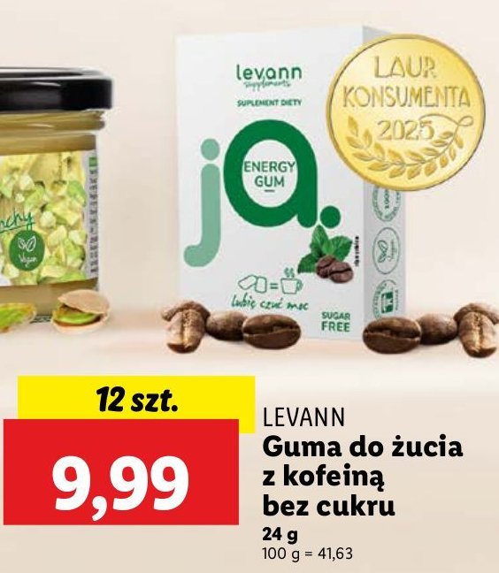 Guma do żucia z kofeiną bez cukru LEVANN promocja w Lidl