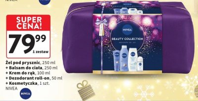 Zestaw kosmetyczny NIVEA Beauty Collection żel pod prysznic 250 ml + balsam do ciała 250 ml + krem do rąk 100 ml + dezodorant roll-on 50 ml + kosmetyczka 1 szt. promocja w Intermarche