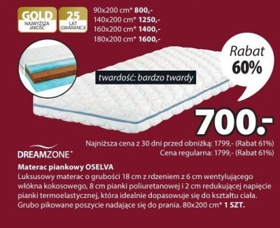 Materac piankowy OSELVA DREAMZONE promocja w Jysk